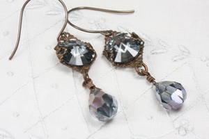 Art Nouveau Style Filigree and Rhinestone Earrings