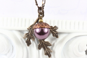 Rustic Acorn Necklace and Earrings Set, Burgundy and Copper