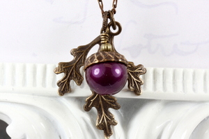 Rustic Acorn Necklace and Earrings Set, Deep Maroon