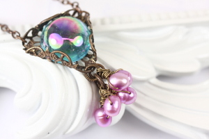 Freshwater Pearl and Vintage Cabochon Necklace, Neon Aqua