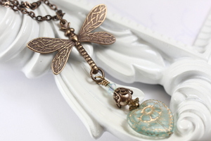 Aqua Heart and Dragonfly Necklace, Rebirth