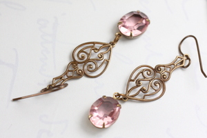 Pink Heart Earrings with Vintage Glass Jewels