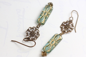 Art Nouveau Aqua Glass and Filigree Earrings