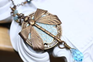 Shades of Aqua Art Deco Style Dragonfly Necklace