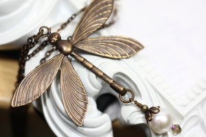 Simple Pearls, Art Deco Style Dragonfly Necklace and Earrings Set