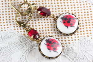 Red Rhinestone Earrings, Ladybugs