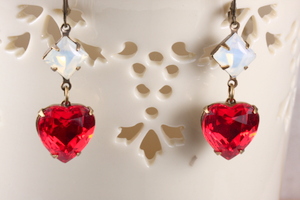 Vintage Red Rhinestone Heart Earrings, Playing with Fire