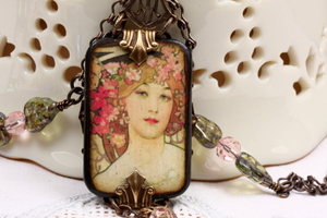 Spring,Mucha Art Nouveau Art Tile Necklace