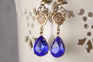 Cobalt Vintage Rhinestone Earrings, Intense